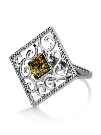 Cocktail Silver Ring With Green Amber The Arabesque, Ring Size: 10 / 20, image , picture 4