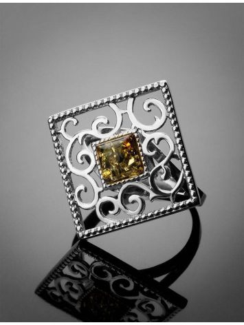 Cocktail Silver Ring With Green Amber The Arabesque, Ring Size: 10 / 20, image , picture 2