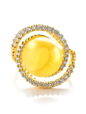 Bold Gold-Plated Cocktail Ring With Honey Amber And Crystals The Venus, Ring Size: 7 / 17.5, image , picture 3