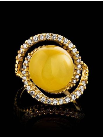 Bold Gold-Plated Cocktail Ring With Honey Amber And Crystals The Venus, Ring Size: 7 / 17.5, image , picture 6