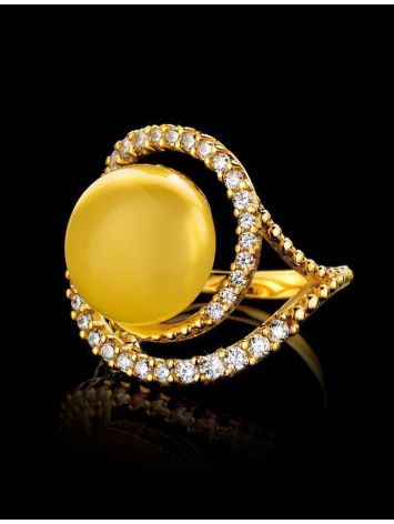 Bold Gold-Plated Cocktail Ring With Honey Amber And Crystals The Venus, Ring Size: 7 / 17.5, image , picture 2