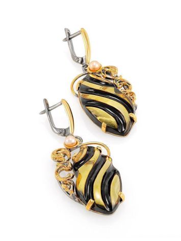 Amber Earrings In Gold-Plated Silver With Cultured Pearls The Electra, image , picture 3