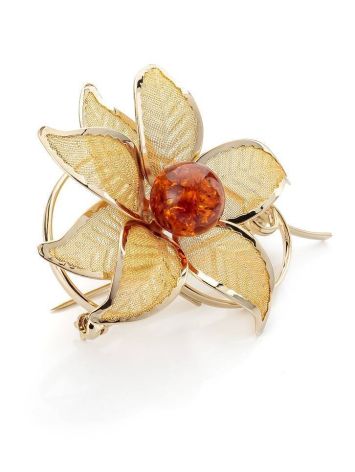 Cognac Amber Floral Brooch In Gold Plated Silver The Beoluna, image , picture 4