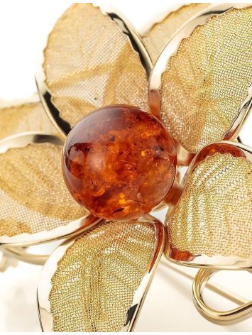 Cognac Amber Floral Brooch In Gold Plated Silver The Beoluna, image , picture 3