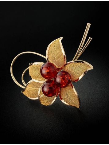 Luminous Gold Plated Brooch With Cherry Amber The Beoluna, image , picture 2