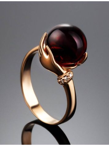 Gorgeous Golden Ring With Cherry Amber And Diamonds The Goddess, Ring Size: 6 / 16.5, image , picture 2