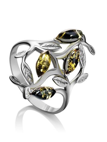 Эффектное кольцо «Тропиканка» из серебра и зелёного янтаря 18.5, Ring Size: 13 / 22, image 
