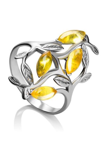 Изящное ажурное кольцо из серебра и лимонного янтаря «Тропиканка»  18.5, Ring Size: 13 / 22, image 