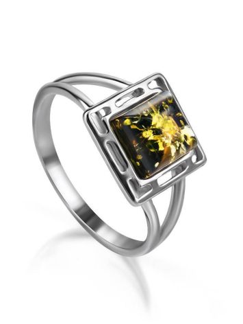 Изящное лёгкое кольцо из серебра и зелёного янтаря «Итака» 16, Ring Size: 9.5 / 19.5, image 