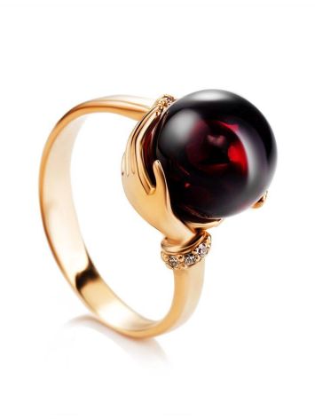 Gorgeous Golden Ring With Cherry Amber And Diamonds The Goddess, Ring Size: 6 / 16.5, image 