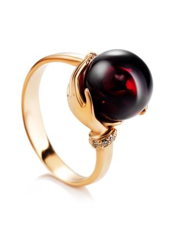 Gorgeous Golden Ring With Cherry Amber And Diamonds The Goddess, Ring Size: 6 / 16.5, image 
