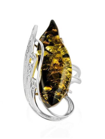 Handcrafted Silver Cocktail Ring With Green Amber Stone The Dew, Ring Size: Adjustable, image , picture 3