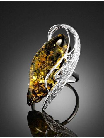 Handcrafted Silver Cocktail Ring With Green Amber Stone The Dew, Ring Size: Adjustable, image , picture 2