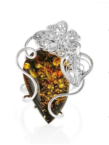 Bold Handcrafted Silver Floral Ring With Green Amber The Dew, Ring Size: Adjustable, image , picture 3