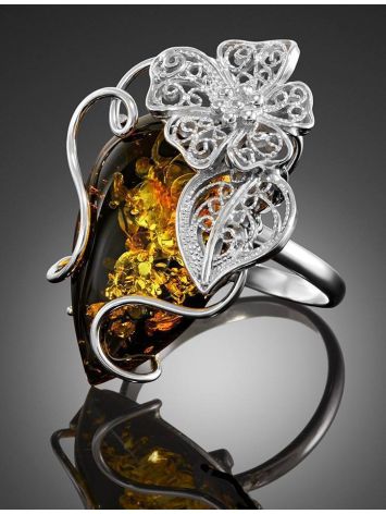 Bold Handcrafted Silver Floral Ring With Green Amber The Dew, Ring Size: Adjustable, image , picture 2