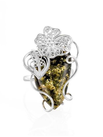 Gorgeous Silver Handcrafted Cocktail Ring With Green Amber The Dew, Ring Size: Adjustable, image , picture 3