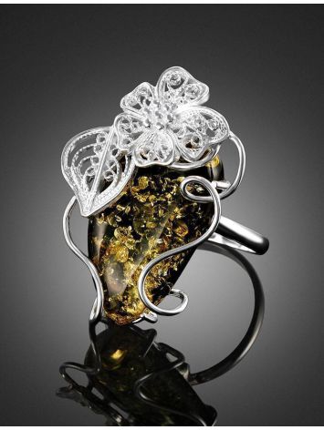 Gorgeous Silver Handcrafted Cocktail Ring With Green Amber The Dew, Ring Size: Adjustable, image , picture 2