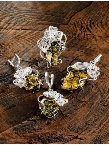 Gorgeous Silver Handcrafted Cocktail Ring With Green Amber The Dew, Ring Size: Adjustable, image , picture 4
