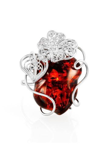 Bold Handcrafted Silver Ring With Cherry Amber Stone The Dew, Ring Size: Adjustable, image , picture 3