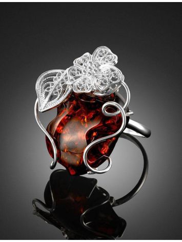Bold Handcrafted Silver Ring With Cherry Amber Stone The Dew, Ring Size: Adjustable, image , picture 2