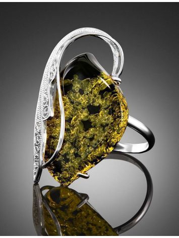 Bold Handcrafted Silver Ring With Green Amber The Dew, Ring Size: Adjustable, image , picture 2