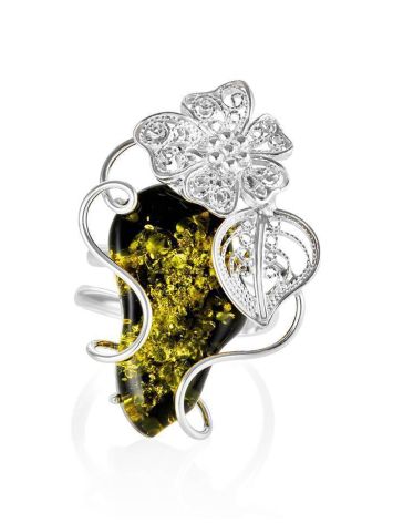Bold Green Amber Handcrafted Cocktail Ring In Silver The Dew, Ring Size: Adjustable, image , picture 3