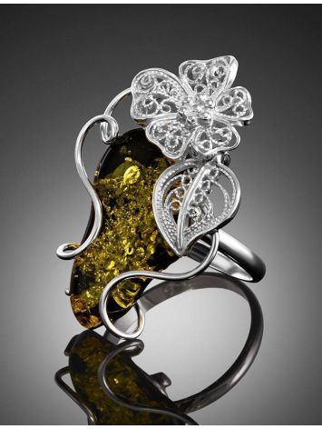 Bold Green Amber Handcrafted Cocktail Ring In Silver The Dew, Ring Size: Adjustable, image , picture 2