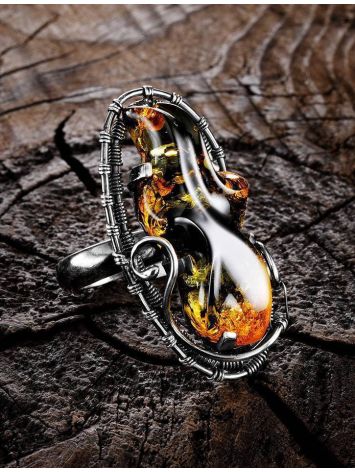 Adjustable Silver Cocktail Ring With Fabulous Green Amber Stone The Rialto, Ring Size: Adjustable, image , picture 2