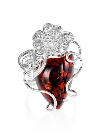 Silver Cocktail Ring With Oversized Amber Stone The Dew, Ring Size: Adjustable, image , picture 3