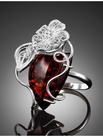 Silver Cocktail Ring With Oversized Amber Stone The Dew, Ring Size: Adjustable, image , picture 2