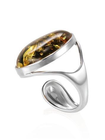Bold Adjustable Ring With Green Amber In Silver The Glow, Ring Size: Adjustable, image , picture 4