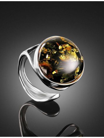 Bold Adjustable Ring With Green Amber In Silver The Glow, Ring Size: Adjustable, image , picture 2