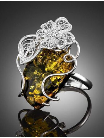 Bold Designer Green Amber Ring In Sterling Silver The Dew, Ring Size: Adjustable, image , picture 2