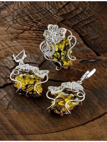 Bold Designer Green Amber Ring In Sterling Silver The Dew, Ring Size: Adjustable, image , picture 4