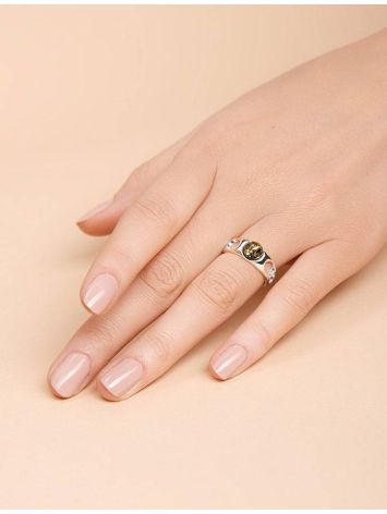 Стильное кольцо из серебра с натуральным зелёным янтарём «Энигма» 15.5, Ring Size: 10 / 20, image , picture 3