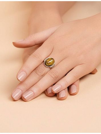 Statement Silver Ring With Bold Green Amber Stone, Ring Size: 9 / 19, image , picture 5