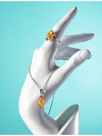 Stylish Silver Adjustable Ring With Luminous Lemon Amber The Amaranth, Ring Size: Adjustable, image , picture 4