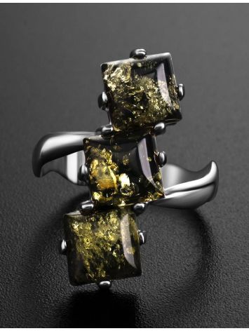 Стильное кольцо из серебра с натуральным зелёным янтарём «Зигзаг» 16.5, Ring Size: 11.5 / 21, image , picture 2