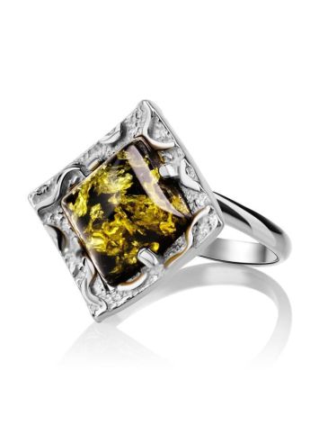 Geometric Silver Ring With Bright Green Amber The Hermitage, Ring Size: Adjustable, image , picture 4