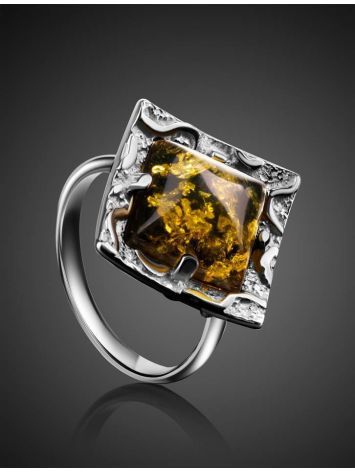 Geometric Silver Ring With Bright Green Amber The Hermitage, Ring Size: Adjustable, image , picture 2
