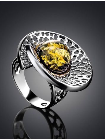 Bold Silver Ring With Round Green Amber Stone The Venus, Ring Size: Adjustable, image , picture 2