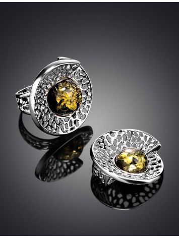 Bold Silver Ring With Round Green Amber Stone The Venus, Ring Size: Adjustable, image , picture 6