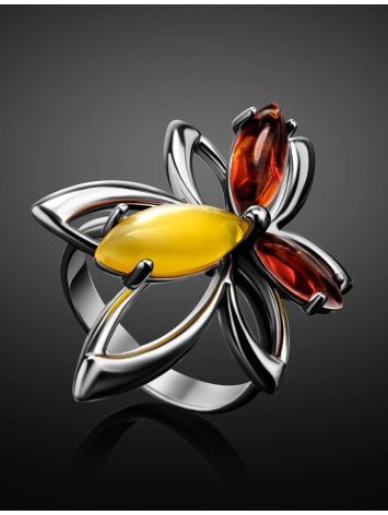 Bright Silver Floral Ring With Multicolor Amber Stones The Verbena, Ring Size: 13 / 22, image , picture 2