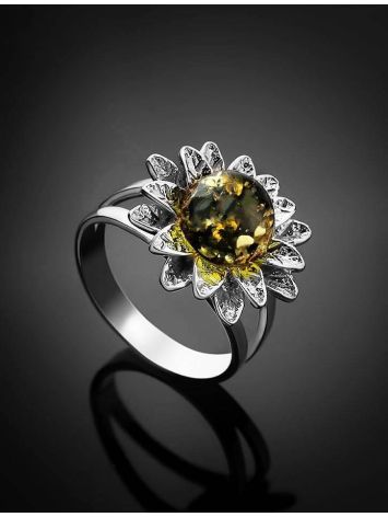 Очаровательное кольцо из серебра и янтаря зелёного цвета «Астра» 16.5, Ring Size: 10 / 20, image , picture 3