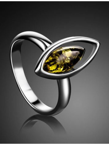 Лёгкое изящное кольцо из серебра и зелёного янтаря «Акация» 16, Ring Size: 13 / 22, image , picture 2