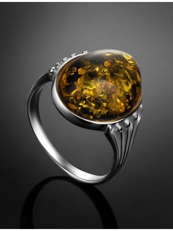 Statement Silver Ring With Bold Green Amber Stone, Ring Size: 9 / 19, image , picture 2