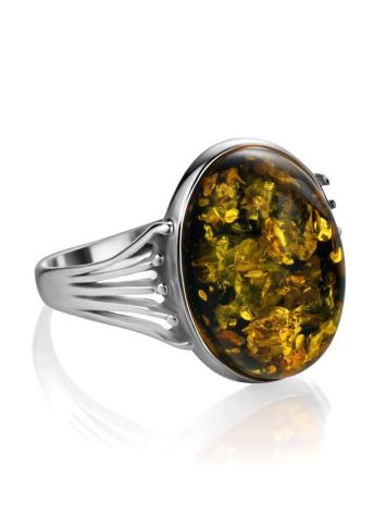 Statement Silver Ring With Bold Green Amber Stone, Ring Size: 9 / 19, image , picture 3