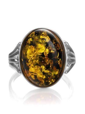 Statement Silver Ring With Bold Green Amber Stone, Ring Size: 9 / 19, image , picture 4