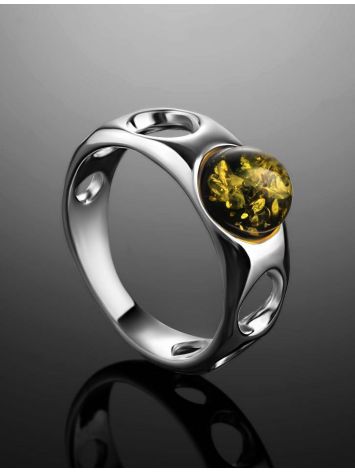 Стильное кольцо из серебра с натуральным зелёным янтарём «Энигма» 15.5, Ring Size: 10 / 20, image , picture 2