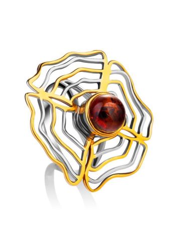 Ажурное кольцо из серебра с позолотой и натурального янтаря «Адонис» 16.5, Ring Size: 13 / 22, image 